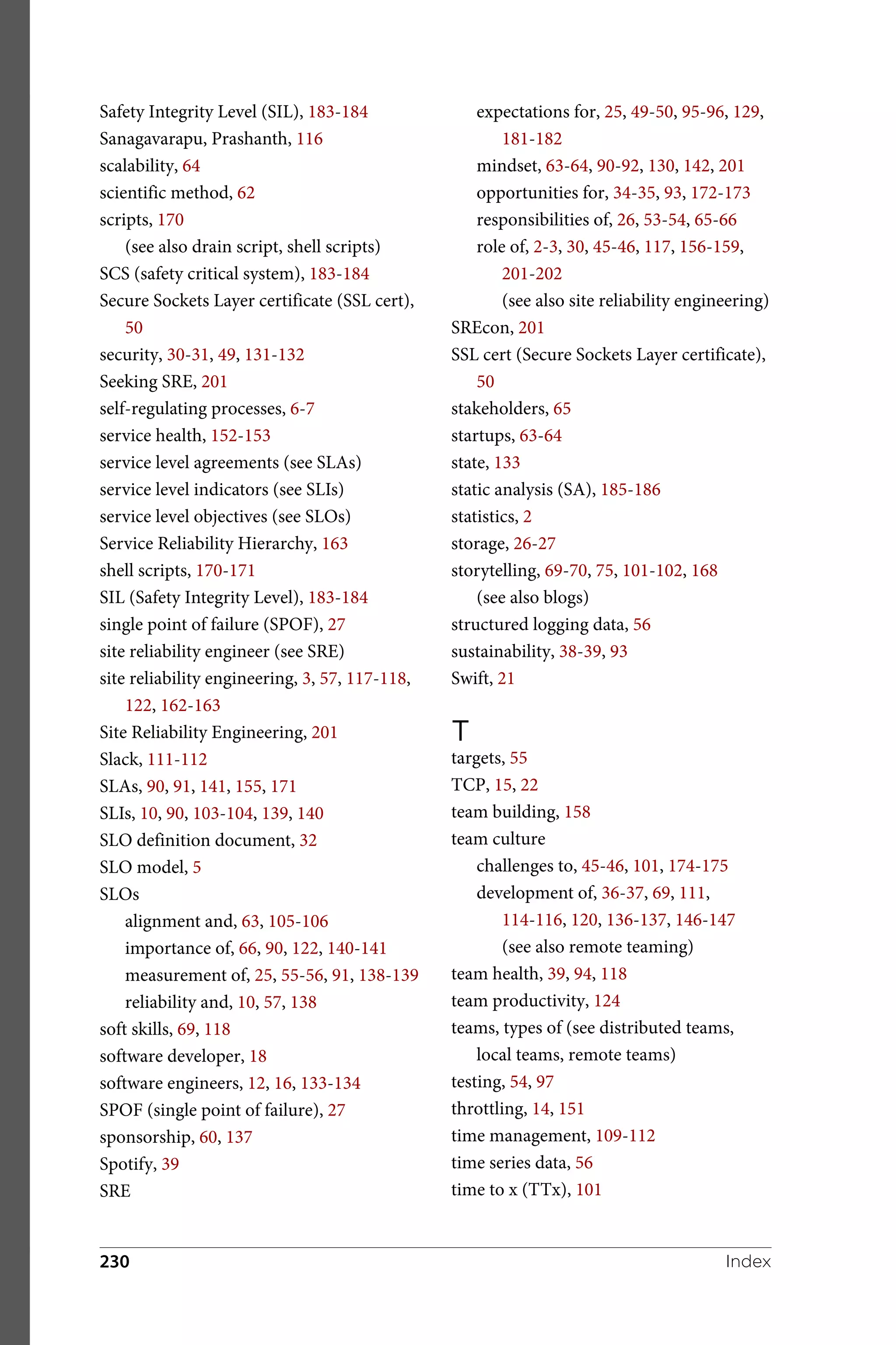 Safety Integrity Level (SIL), 183-184
Sanagavarapu, Prashanth, 116
scalability, 64
scientific method, 62
scripts, 170
(see also drain script, shell scripts)
SCS (safety critical system), 183-184
Secure Sockets Layer certificate (SSL cert),
50
security, 30-31, 49, 131-132
Seeking SRE, 201
self-regulating processes, 6-7
service health, 152-153
service level agreements (see SLAs)
service level indicators (see SLIs)
service level objectives (see SLOs)
Service Reliability Hierarchy, 163
shell scripts, 170-171
SIL (Safety Integrity Level), 183-184
single point of failure (SPOF), 27
site reliability engineer (see SRE)
site reliability engineering, 3, 57, 117-118,
122, 162-163
Site Reliability Engineering, 201
Slack, 111-112
SLAs, 90, 91, 141, 155, 171
SLIs, 10, 90, 103-104, 139, 140
SLO definition document, 32
SLO model, 5
SLOs
alignment and, 63, 105-106
importance of, 66, 90, 122, 140-141
measurement of, 25, 55-56, 91, 138-139
reliability and, 10, 57, 138
soft skills, 69, 118
software developer, 18
software engineers, 12, 16, 133-134
SPOF (single point of failure), 27
sponsorship, 60, 137
Spotify, 39
SRE
expectations for, 25, 49-50, 95-96, 129,
181-182
mindset, 63-64, 90-92, 130, 142, 201
opportunities for, 34-35, 93, 172-173
responsibilities of, 26, 53-54, 65-66
role of, 2-3, 30, 45-46, 117, 156-159,
201-202
(see also site reliability engineering)
SREcon, 201
SSL cert (Secure Sockets Layer certificate),
50
stakeholders, 65
startups, 63-64
state, 133
static analysis (SA), 185-186
statistics, 2
storage, 26-27
storytelling, 69-70, 75, 101-102, 168
(see also blogs)
structured logging data, 56
sustainability, 38-39, 93
Swift, 21
T
targets, 55
TCP, 15, 22
team building, 158
team culture
challenges to, 45-46, 101, 174-175
development of, 36-37, 69, 111,
114-116, 120, 136-137, 146-147
(see also remote teaming)
team health, 39, 94, 118
team productivity, 124
teams, types of (see distributed teams,
local teams, remote teams)
testing, 54, 97
throttling, 14, 151
time management, 109-112
time series data, 56
time to x (TTx), 101
Index
230
 