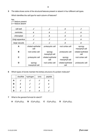 3
© UCLES 2009 9700/01/M/J/09 [Turn over
5 The table shows some of the structural features present or absent in four different cell types.
Which identifies the cell type for each column of features?
key
✓= feature present
✗= feature absent
cell wall ✓ ✓ ✗ ✓
centrioles ✗ ✗ ✓ ✗
chloroplast ✓ ✗ ✗ ✗
Golgi apparatus ✓ ✓ ✓ ✗
large vacuole ✓ ✓ ✗ ✗
A ciliated epithelial
cell
prokaryotic cell root cortex cell spongy
mesophyll cell
B root cortex cell spongy
mesophyll cell
prokaryotic cell ciliated epithelial
cell
C prokaryotic cell ciliated epithelial
cell
spongy
mesophyll cell
root cortex cell
D spongy
mesophyll cell
root cortex cell ciliated epithelial
cell
prokaryotic cell
6 Which types of bonds maintain the tertiary structure of a protein molecule?
disulfide hydrogen ionic peptide
A ✓ ✓ ✓ ✗
B ✗ ✓ ✓ ✗
C ✗ ✓ ✗ ✓
D ✓ ✗ ✗ ✓
7 What is the general formula for starch?
A (C5H10O5)n B (C5H10O6)n C (C6H10O5)n D (C6H12O6)n
 