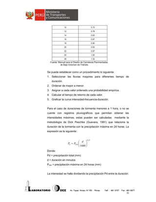 10

0.73

12

0.79

14

0.83

16

0.87

18

0.90

20

0.93

22

0.97

24

1.00

48

1.32

Fuente: Manual para el Diseño de Carreteras Pavimentadas
de Bajo Volumen de Tránsito

Se puede establecer como un procedimiento lo siguiente:
1. Seleccionar las lluvias mayores para diferentes tiempo de
duración.
2. Ordenar de mayor a menor.
3. Asignar a cada valor ordenado una probabilidad empírica.
4. Calcular el tiempo de retorno de cada valor.
5. Graficar la curva intensidad-frecuencia-duración.

Para el caso de duraciones de tormenta menores a 1 hora, o no se
cuente con registros pluviográficos que permitan obtener las
intensidades máximas, estas pueden ser calculadas

mediante la

metodología de Dick Peschke (Guevara, 1991) que relaciona la
duración de la tormenta con la precipitación máxima en 24 horas. La
expresión es la siguiente:

 d 
Pd = P24 h 

 1440 

0.25

Donde:
Pd = precipitación total (mm)
d = duración en minutos
P24h = precipitación máxima en 24 horas (mm)
La intensidad se halla dividiendo la precipitación Pd entre la duración.

30

 