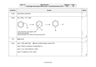 Page 12 Mark Scheme Syllabus Paper
Cambridge International AS/A Level – October/November 2016 9701 42
© UCLES 2016
Question Answer Marks
7(a)(i) electrophilic substitution 1
1
7(a)(ii) (Br2 +AlBr3)→Br+
+AlBr4
–
curly arrow from ring system to Br+
correct intermediate
curly arrow from C–H bond into ring and loss of H+
1
1
1
1
4
7(b) both amide 1
1
7(c)(i) step 1, AlBr3 and CH3Br OR other suitable halogen instead of Br
step 2, KMnO4 or potassium manganate(VII)
step 3, conc. H2SO4 and conc. HNO3
step 4. Sn and (conc.) HCl (heat)
1
1
1
1
4
 