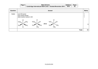Page 3 Mark Scheme Syllabus Paper
Cambridge International AS/A Level – October/November 2016 9701 42
© UCLES 2016
Question Answer Marks
1(d)(ii) one 3D isomer
one correct isomer
other isomer correct in 3D
1
1
1
3
Total: 12
 