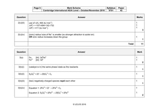 Page 5 Mark Scheme Syllabus Paper
Cambridge International AS/A Level – October/November 2016 9701 42
© UCLES 2016
Question Answer Marks
2(c)(iii) use of ∆Hi1 494 (kJ mol-1
)
∆Ho
f = +107+494+142–732
∆Ho
f = +11 (kJ mol-1
)
1
1
1
3
2(c)(iv) (ionic) radius/size of Na+
is smaller (so stronger attraction to azide ion)
OR ionic radius increases down the group 1
1
Total: 11
Question Answer Mark
3(a) Fe [Ar] 3d6
4s2
Fe3+
[Ar] 3d5
1
1
2
3(b)(i) (catalyst is in) the same phase/state as the reactants 1
1
3(b)(ii) S2O8
2–
+2I–
→2SO4
2–
+I2 1
1
3(b)(iii) (two) negatively-charged species repel each other 1
1
3(b)(iv) Equation 1: 2Fe3+
+2I–
→2Fe2+
+I2
Equation 2: S2O8
2–
+2Fe2+
→2SO4
2–
+2Fe3+
1
1
2
 