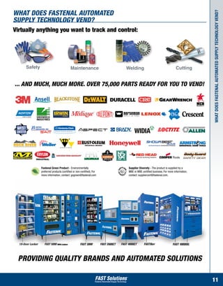 What does Fastenal Automated




                                                                                                                             What does Fastenal Automated Supply Technology Vend?
Supply Technology Vend?
Virtually anything you want to track and control:




     Safety                              Maintenance                 Welding                                   Cutting


... And much, much more. Over 75,000 parts ready for you to vend!




              Fastenal Green Product - Environmentally                Supplier Diversity - The product is supplied by a
              preferred products (certified or non-certified). For    MBE or WBE certified business. For more information,
              more information, contact: gogreen@fastenal.com         contact: suppliercert@fastenal.com.




 Providing Quality Brands and Automated Solutions

                                                                                                                             11
 