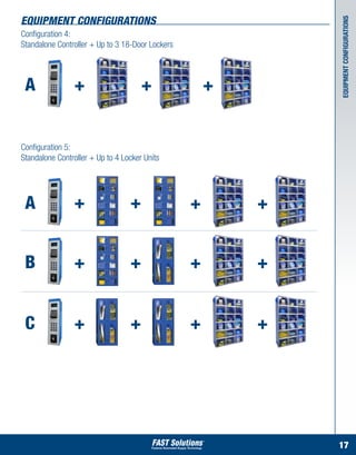 equipment configurations




                                                              equipment Configurations
Configuration 4:			
Standalone Controller + Up to 3 18-Door Lockers



 A              +                     +               +


Configuration 5:			
Standalone Controller + Up to 4 Locker Units




 A              +                 +               +       +


 B              +                 +               +       +


 C              +                 +               +       +




                                                              17
 