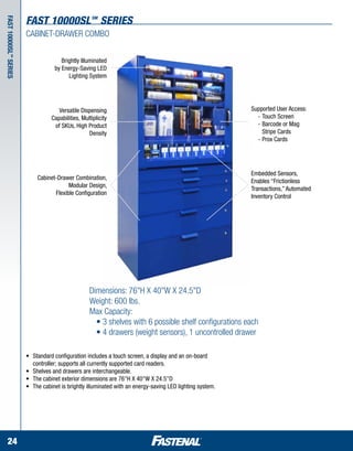 fast 10000sl SERIES           SM
Fast 10000 SL series



                       CABINET-DRAWER COMBO
          SM




                                        Brightly Illuminated
                                     by Energy-Saving LED
                                           Lighting System




                                      Versatile Dispensing                                                   Supported User Access:
                                   Capabilities, Multiplicity                                                	 -	Touch Screen
                                    of SKUs, High Product                                                    	 -	Barcode or Mag 	
                                                   Density                                                   		 Stripe Cards
                                                                                                             	 -	Prox Cards




                                                                                                             Embedded Sensors,
                             Cabinet-Drawer Combination,
                                                                                                             Enables “Frictionless
                                          Modular Design,
                                                                                                             Transactions,” Automated
                                    Flexible Configuration
                                                                                                             Inventory Control




                                                    Dimensions: 76"H X 40"W X 24.5"D
                                                    Weight: 600 lbs.
                                                    Max Capacity:
                                                    	 • 3 shelves with 6 possible shelf configurations each
                                                    	 • 4 drawers (weight sensors), 1 uncontrolled drawer

                       •	   Standard configuration includes a touch screen, a display and an on-board 	 	
                       	    controller; supports all currently supported card readers.
                       •	   Shelves and drawers are interchangeable.
                       •	   The cabinet exterior dimensions are 76"H X 40"W X 24.5"D
                       •	   The cabinet is brightly illuminated with an energy-saving LED lighting system.




   24
 