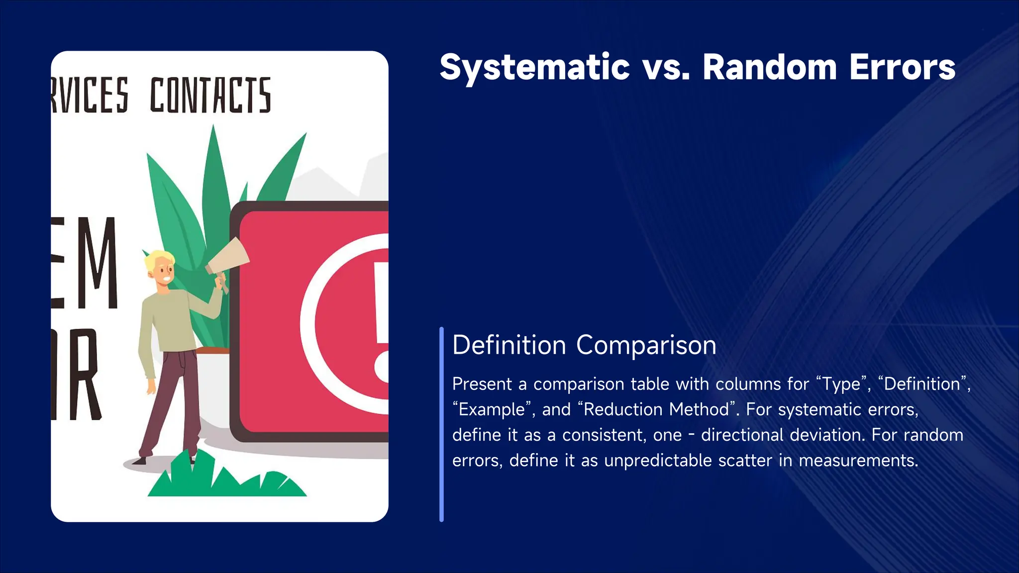 Systematic vs. Random Errors
Definition Comparison
Present a comparison table with columns for “Type”, “Definition”,
“Example”, and “Reduction Method”. For systematic errors,
define it as a consistent, one - directional deviation. For random
errors, define it as unpredictable scatter in measurements.
 