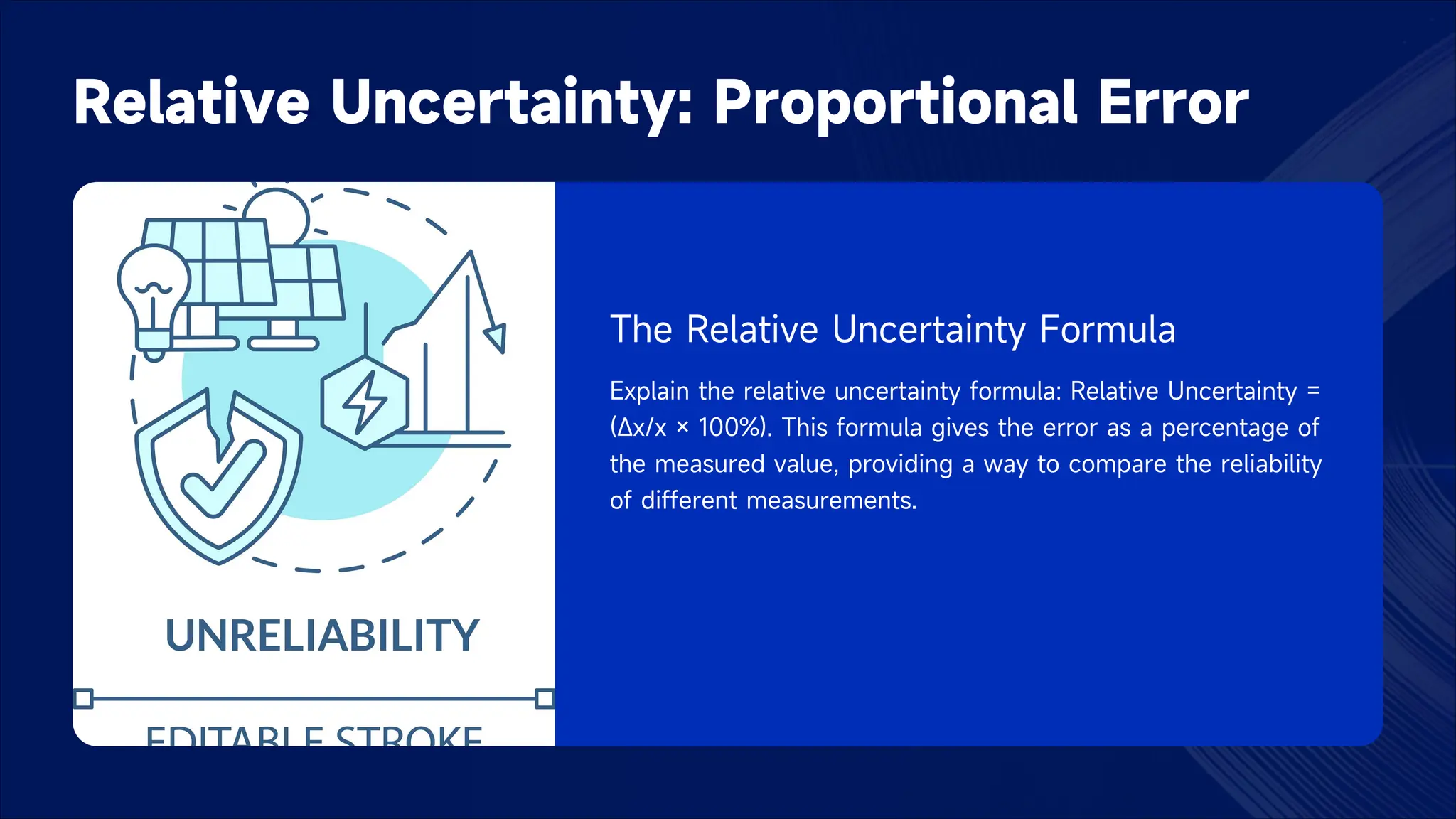 Relative Uncertainty: Proportional Error
The Relative Uncertainty Formula
Explain the relative uncertainty formula: Relative Uncertainty =
(Δx/x × 100%). This formula gives the error as a percentage of
the measured value, providing a way to compare the reliability
of different measurements.
 
