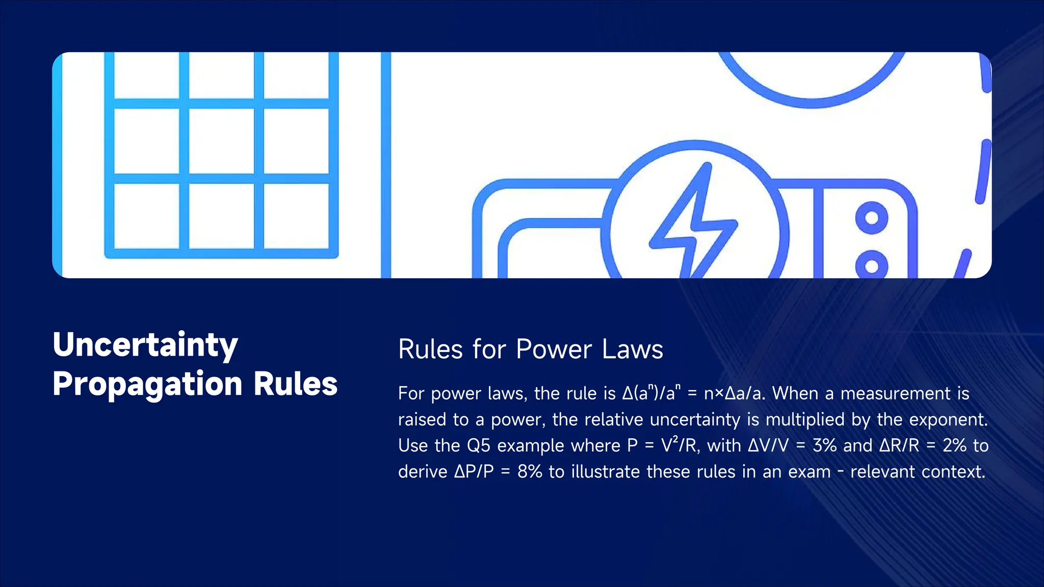 Uncertainty
Propagation Rules
Rules for Power Laws
For power laws, the rule is Δ(aⁿ)/aⁿ = n×Δa/a. When a measurement is
raised to a power, the relative uncertainty is multiplied by the exponent.
Use the Q5 example where P = V²/R, with ΔV/V = 3% and ΔR/R = 2% to
derive ΔP/P = 8% to illustrate these rules in an exam - relevant context.
 