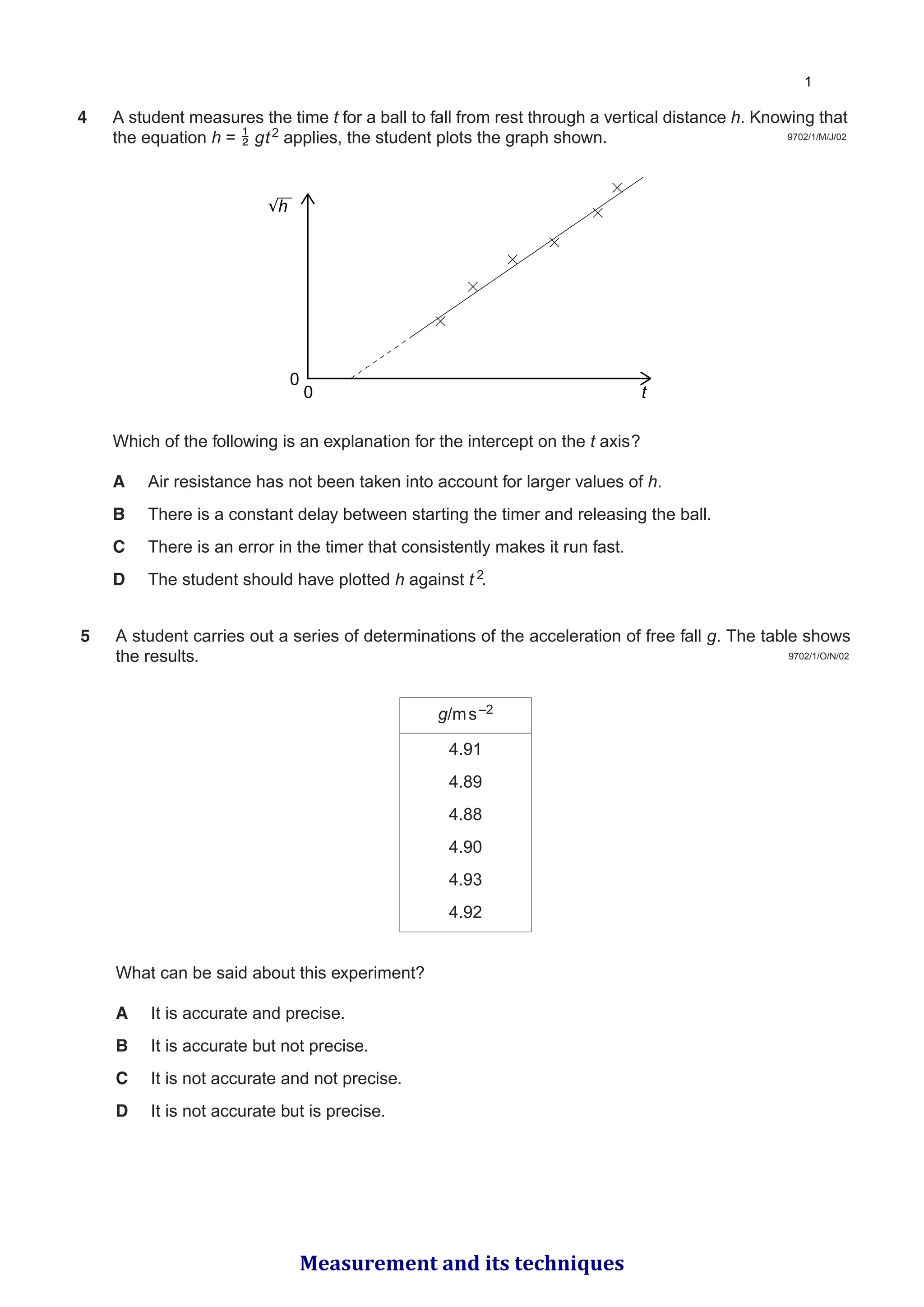 9702/1/M/J/02
4 A student measures the time t for a ball to fall from rest through a vertical distance h. Knowing that
the equation h =  gt2 applies, the student plots the graph shown.
Which of the following is an explanation for the intercept on the t axis?
A Air resistance has not been taken into account for larger values of h.
B There is a constant delay between starting the timer and releasing the ball.
C There is an error in the timer that consistently makes it run fast.
D The student should have plotted h against t 2.
0 t
0
h
9702/1/O/N/02
5 A student carries out a series of determinations of the acceleration of free fall g. The table shows
the results.
What can be said about this experiment?
A It is accurate and precise.
B It is accurate but not precise.
C It is not accurate and not precise.
D It is not accurate but is precise.
g/ms–2
4.91
4.89
4.88
4.90
4.93
4.92

Measurement and its techniques
 