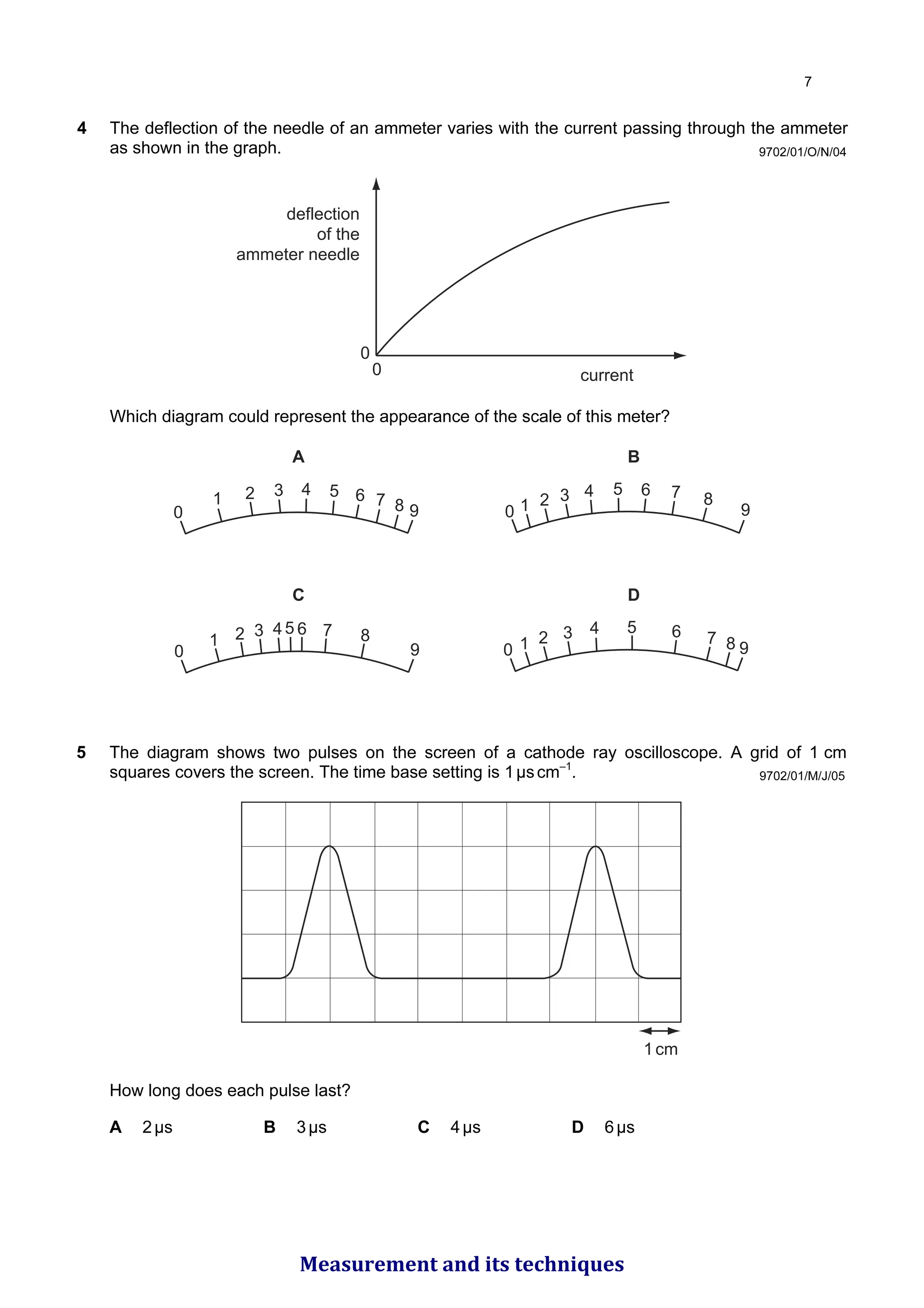 9702/01/O/N/04
4 The deflection of the needle of an ammeter varies with the current passing through the ammeter
as shown in the graph.
deflection
of the
ammeter needle
0
0 current
Which diagram could represent the appearance of the scale of this meter?
A B
C D
0
1 2 3 4 5 6 7 8 9 0 1 2 3 4 5 6 7 8
9
0
1 2 3 45 6 7 8
9 0 1 2 3 4 5 6 7 8 9
9702/01/M/J/05
5 The diagram shows two pulses on the screen of a cathode ray oscilloscope. A grid of 1 cm
squares covers the screen. The time base setting is 1µscm–1
.
1cm
How long does each pulse last?
A 2µs B 3µs C 4µs D 6µs

Measurement and its techniques
 