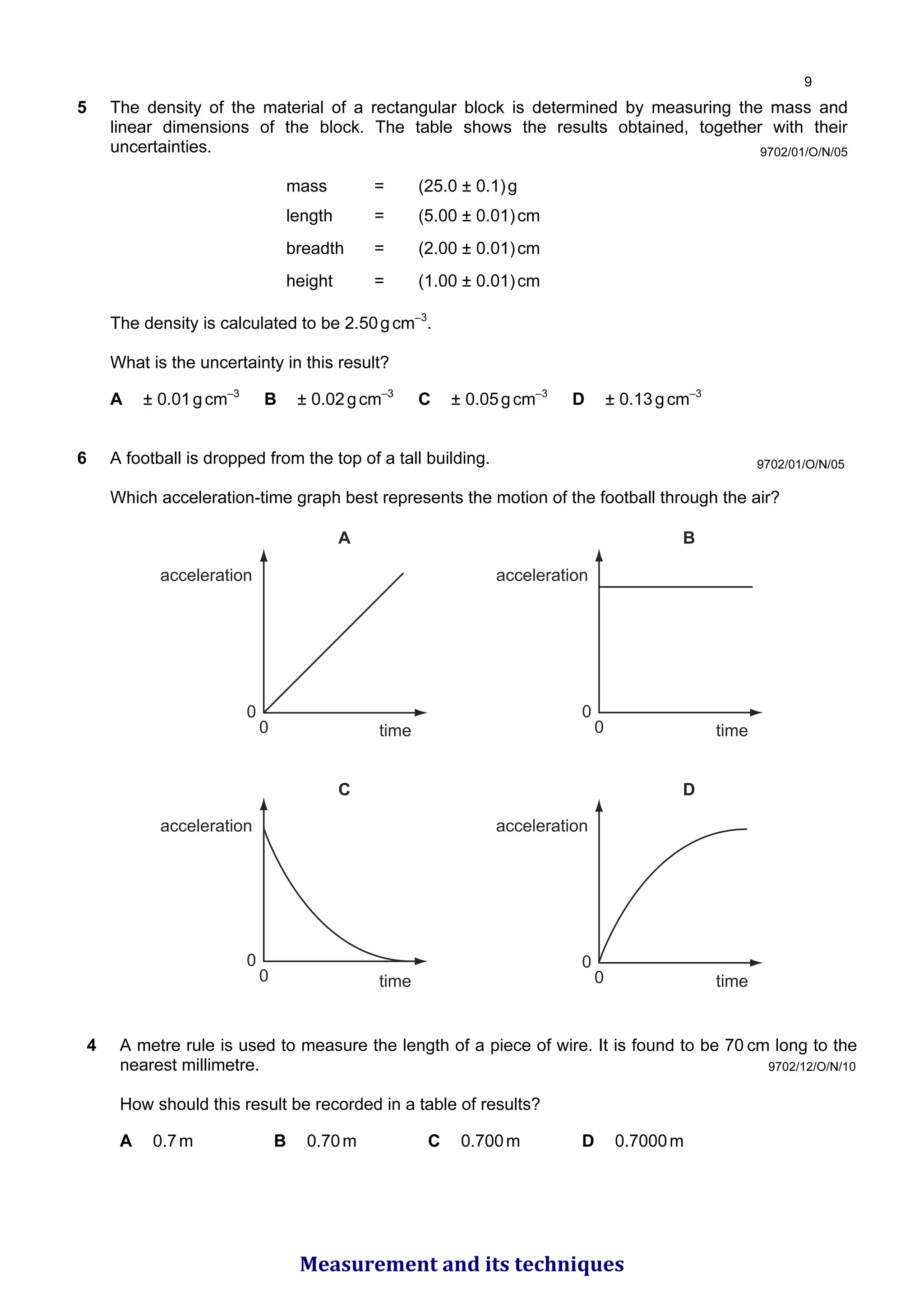 9702/01/O/N/05
5 The density of the material of a rectangular block is determined by measuring the mass and
linear dimensions of the block. The table shows the results obtained, together with their
uncertainties.
mass = (25.0 ± 0.1)g
length = (5.00 ± 0.01)cm
breadth = (2.00 ± 0.01)cm
height = (1.00 ± 0.01)cm
The density is calculated to be 2.50gcm–3
.
What is the uncertainty in this result?
A ± 0.01gcm–3
B ± 0.02gcm–3
C ± 0.05gcm–3
D ± 0.13gcm–3
6 A football is dropped from the top of a tall building.
Which acceleration-time graph best represents the motion of the football through the air?
0
0
0
0
0
0
0
0
A
C
B
D
acceleration acceleration
acceleration
acceleration
time
time time
time
9702/01/O/N/05
9702/12/O/N/10
4 A metre rule is used to measure the length of a piece of wire. It is found to be 70 cm long to the
nearest millimetre.
How should this result be recorded in a table of results?
A 0.7m B 0.70m C 0.700m D 0.7000m

Measurement and its techniques
 