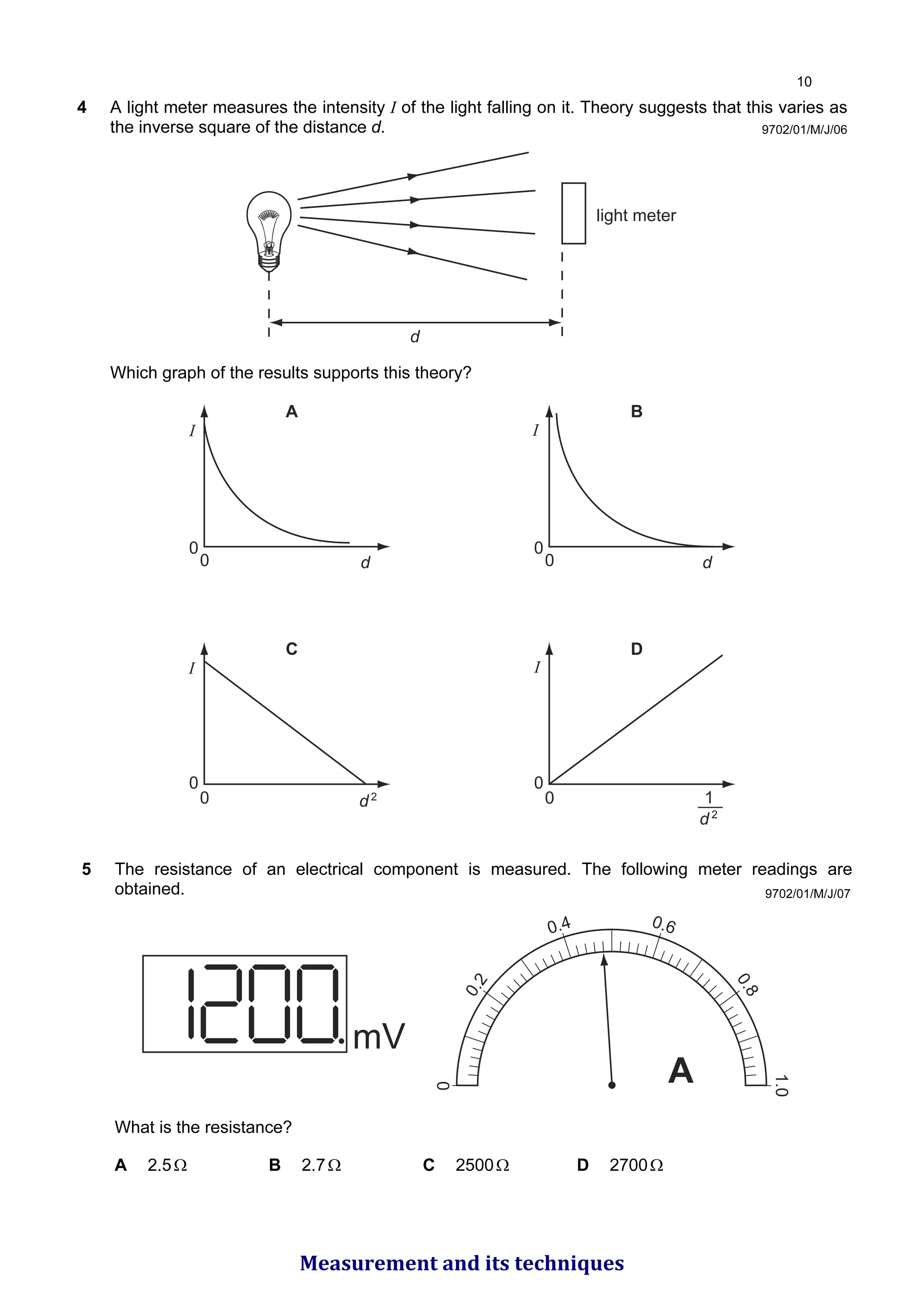 9702/01/M/J/06
4 A light meter measures the intensity I of the light falling on it. Theory suggests that this varies as
the inverse square of the distance d.
light meter
d
Which graph of the results supports this theory?
d
I
0
A
d
I
0
B
d2
I
0
C
1
d 2
I
0
0 0
0 0
D
9702/01/M/J/07
5 The resistance of an electrical component is measured. The following meter readings are
obtained.
0
0
.
2
0.4 0.6
0
.
8
1.0
A
mV
What is the resistance?
A 2.5Ω B 2.7Ω C 2500Ω D 2700Ω

Measurement and its techniques
 