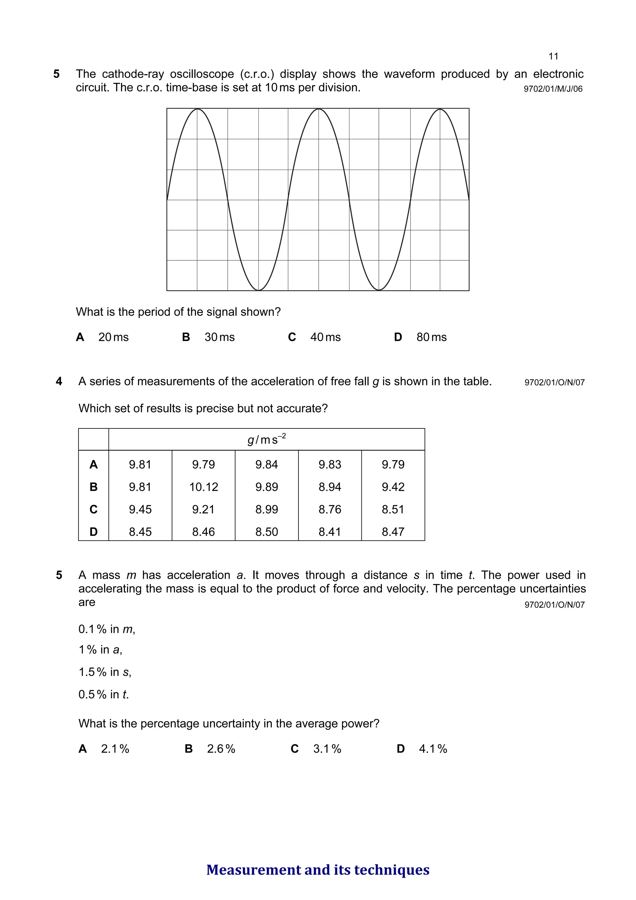 5 The cathode-ray oscilloscope (c.r.o.) display shows the waveform produced by an electronic
circuit. The c.r.o. time-base is set at 10ms per division.
What is the period of the signal shown?
A 20ms B 30ms C 40ms D 80ms
9702/01/M/J/06
9702/01/O/N/07
4 A series of measurements of the acceleration of free fall g is shown in the table.
Which set of results is precise but not accurate?
g/ms–2
A 9.81 9.79 9.84 9.83 9.79
B 9.81 10.12 9.89 8.94 9.42
C 9.45 9.21 8.99 8.76 8.51
D 8.45 8.46 8.50 8.41 8.47
5 A mass m has acceleration a. It moves through a distance s in time t. The power used in
accelerating the mass is equal to the product of force and velocity. The percentage uncertainties
are
0.1% in m,
1% in a,
1.5% in s,
0.5% in t.
What is the percentage uncertainty in the average power?
A 2.1% B 2.6% C 3.1% D 4.1%
9702/01/O/N/07

Measurement and its techniques
 