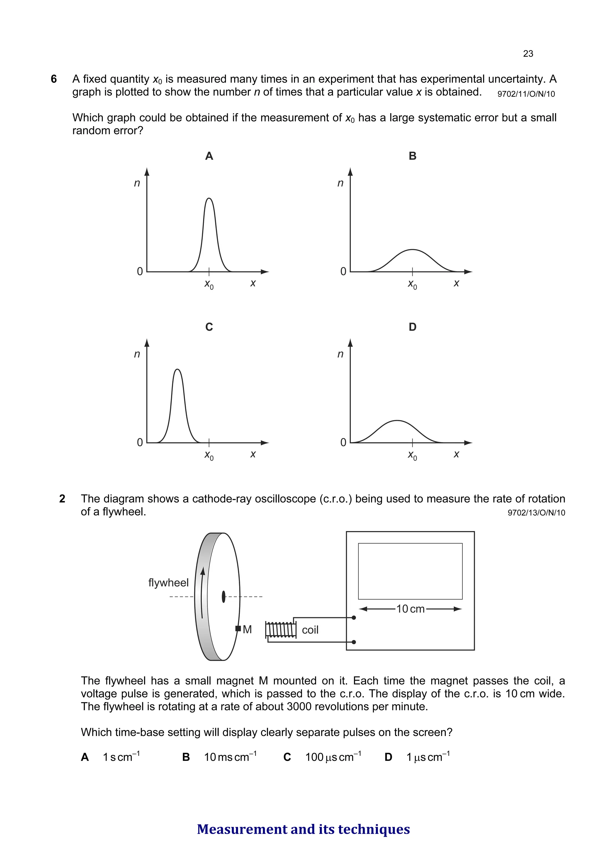 9702/11/O/N/10
6 A fixed quantity x0 is measured many times in an experiment that has experimental uncertainty. A
graph is plotted to show the number n of times that a particular value x is obtained.
Which graph could be obtained if the measurement of x0 has a large systematic error but a small
random error?
A
n
x
x0
0
B
n
x
x0
0
C
n
x
x0
0
D
n
x
x0
0
9702/13/O/N/10
2 The diagram shows a cathode-ray oscilloscope (c.r.o.) being used to measure the rate of rotation
of a flywheel.
10cm
coil
flywheel
M
The flywheel has a small magnet M mounted on it. Each time the magnet passes the coil, a
voltage pulse is generated, which is passed to the c.r.o. The display of the c.r.o. is 10 cm wide.
The flywheel is rotating at a rate of about 3000 revolutions per minute.
Which time-base setting will display clearly separate pulses on the screen?
A 1scm–1
B 10mscm–1
C 100μscm–1
D 1μscm–1

Measurement and its techniques
 