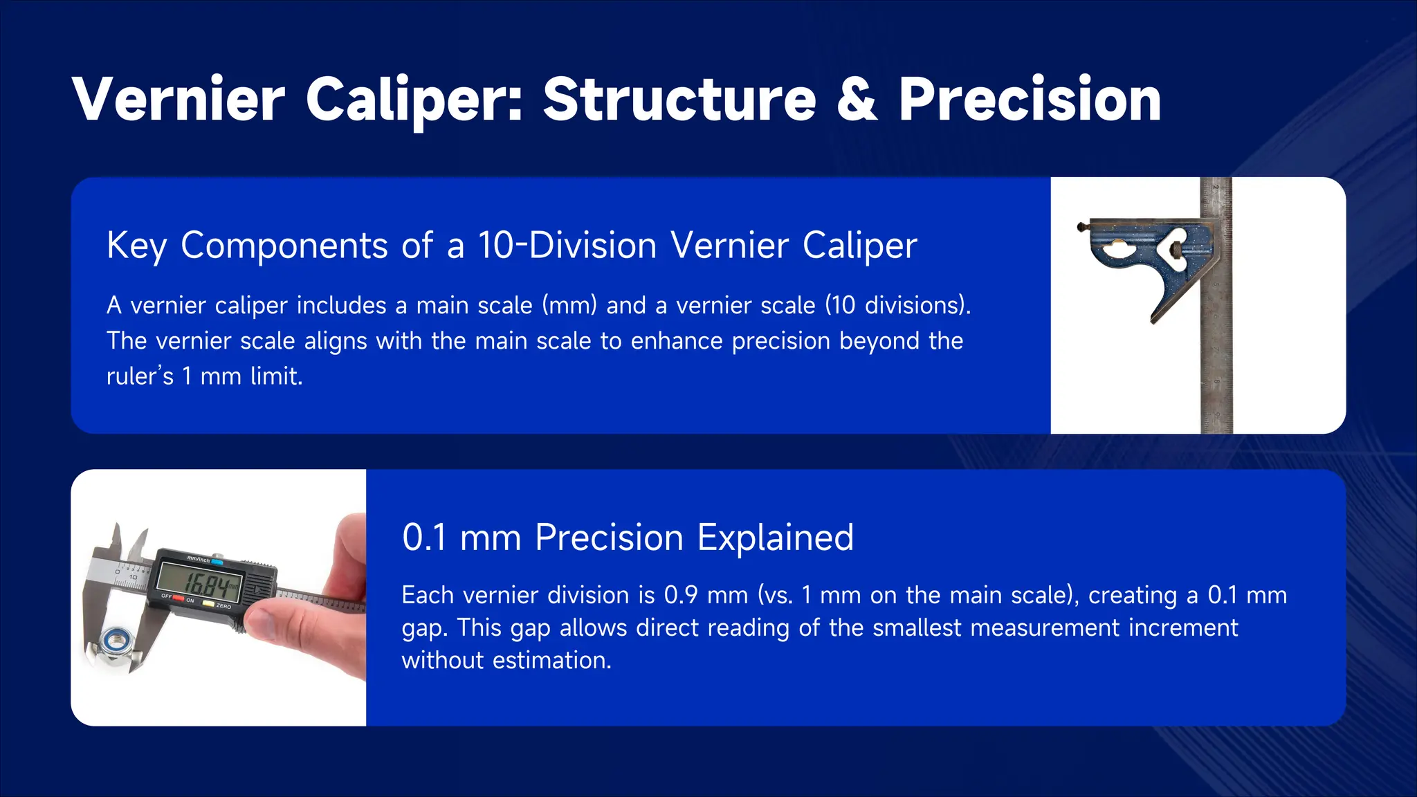 Vernier Caliper: Structure & Precision
Key Components of a 10-Division Vernier Caliper
A vernier caliper includes a main scale (mm) and a vernier scale (10 divisions).
The vernier scale aligns with the main scale to enhance precision beyond the
ruler’s 1 mm limit.
0.1 mm Precision Explained
Each vernier division is 0.9 mm (vs. 1 mm on the main scale), creating a 0.1 mm
gap. This gap allows direct reading of the smallest measurement increment
without estimation.
 