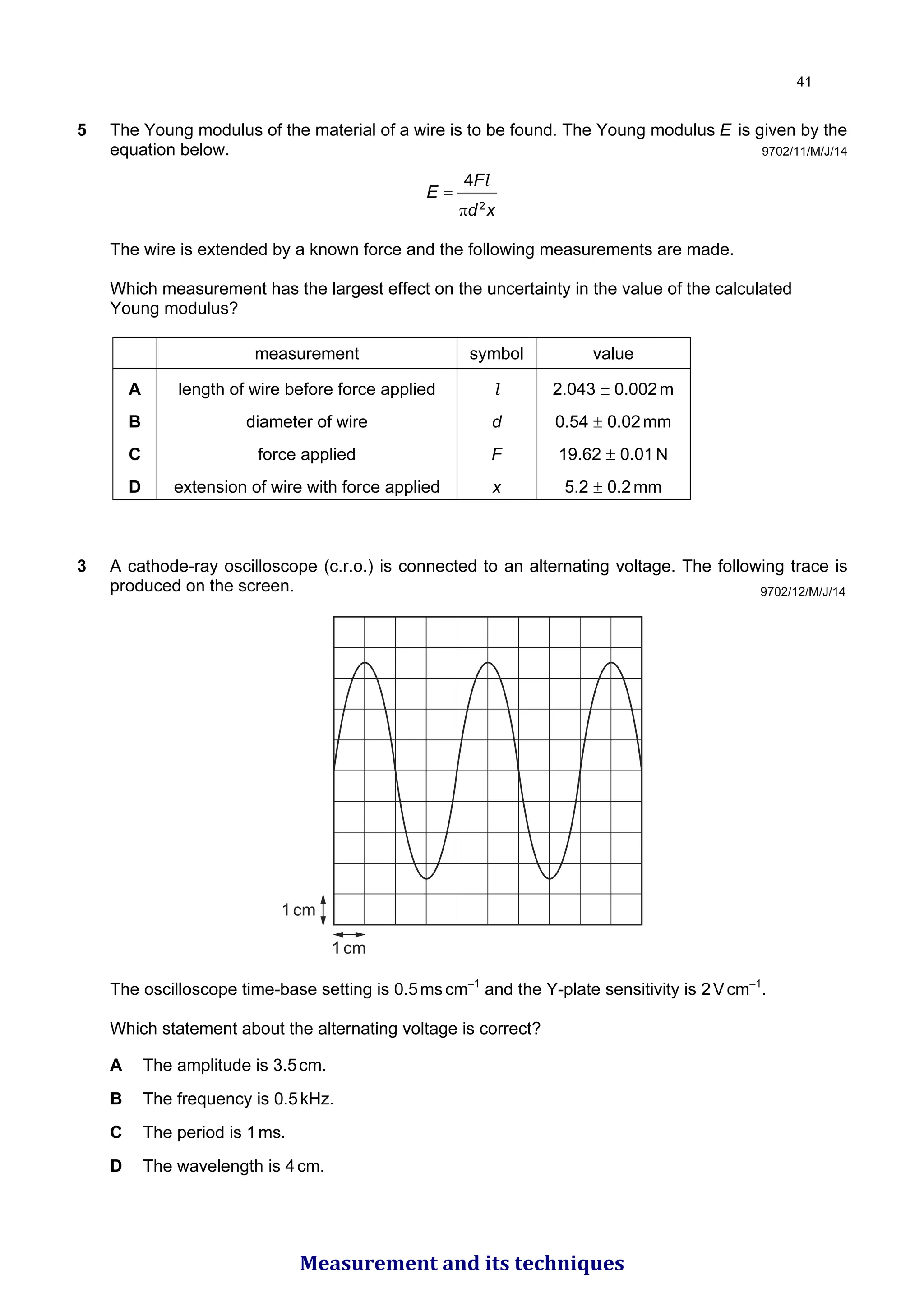 5 The Young modulus of the material of a wire is to be found. The Young modulus E is given by the
equation below.
x
d
F
E
2
4
π
=
l
The wire is extended by a known force and the following measurements are made.
Which measurement has the largest effect on the uncertainty in the value of the calculated
Young modulus?
measurement symbol value
A length of wire before force applied l 2.043 ± 0.002m
B diameter of wire d 0.54 ± 0.02mm
C force applied F 19.62 ± 0.01N
D extension of wire with force applied x 5.2 ± 0.2mm
9702/11/M/J/14
3 A cathode-ray oscilloscope (c.r.o.) is connected to an alternating voltage. The following trace is
produced on the screen.
1cm
1cm
The oscilloscope time-base setting is 0.5mscm–1
and the Y-plate sensitivity is 2Vcm–1
.
Which statement about the alternating voltage is correct?
A The amplitude is 3.5cm.
B The frequency is 0.5kHz.
C The period is 1ms.
D The wavelength is 4cm.
9702/12/M/J/14

Measurement and its techniques
 
