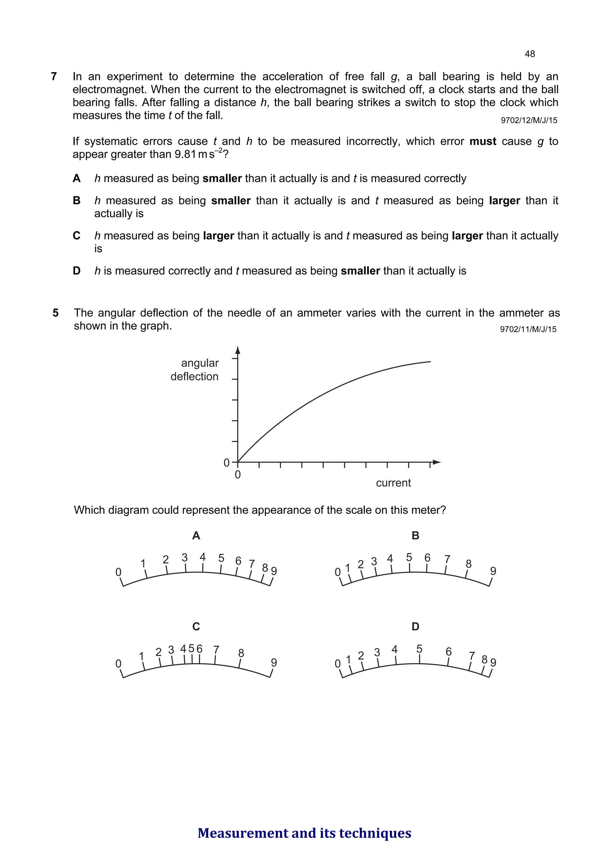 7 In an experiment to determine the acceleration of free fall g, a ball bearing is held by an
electromagnet. When the current to the electromagnet is switched off, a clock starts and the ball
bearing falls. After falling a distance h, the ball bearing strikes a switch to stop the clock which
measures the time t of the fall.
If systematic errors cause t and h to be measured incorrectly, which error must cause g to
appear greater than 9.81ms–2
?
A h measured as being smaller than it actually is and t is measured correctly
B h measured as being smaller than it actually is and t measured as being larger than it
actually is
C h measured as being larger than it actually is and t measured as being larger than it actually
is
D h is measured correctly and t measured as being smaller than it actually is
9702/12/M/J/15
9702/11/M/J/15
5 The angular deflection of the needle of an ammeter varies with the current in the ammeter as
shown in the graph.
0
0
angular
deflection
current
Which diagram could represent the appearance of the scale on this meter?
A B
C D
0
1 2 3 4 5 6 7 8 9 0 1 2 3 4 5 6 7 8
9
0
1 2 3 45 6 7 8
9 0 1 2 3 4 5 6 7 8 9

Measurement and its techniques
 