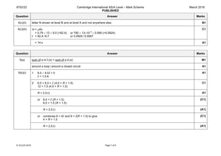 9702/22 Cambridge International AS/A Level – Mark Scheme
PUBLISHED
March 2018
© UCLES 2018 Page 7 of 8
Question Answer Marks
4(c)(ii) letter N shown at level B and at level A and not anywhere else. B1
4(c)(iii) m = ρAx
= 0.79 × 13 × 9.0 (=92.4) or 790 × 13×10–4
× 0.090 (=0.0924)
t = 92.4 / 6.7 or 0.0924 / 0.0067
C1
= 14 s A1
Question Answer Marks
5(a) sum of e.m.f.(s) = sum of p.d.(s) M1
around a loop / around a closed circuit A1
5(b)(i) 1 6.0 – 4.0I = 0
I = 1.5 A
A1
2 6.0 + 6.0 = I (4.0 + R + 1.5)
12 = 1.5 (4.0 + R + 1.5)
C1
R = 2.5 Ω A1
or 6.0 = I (R + 1.5)
6.0 = 1.5 (R + 1.5)
(C1)
R = 2.5 Ω (A1)
or combines 6 = 4I and 6 = I(R + 1.5) to give
4 = R + 1.5
(C1)
R = 2.5 Ω (A1)
 