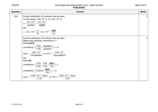9702/52 Cambridge International AS/A Level – Mark Scheme
PUBLISHED
March 2018
© UCLES 2018 Page 8 of 8
Question Answer Marks
2(e) Correct substitution of numbers must be seen,
λ in the range 7
4.05 10 m−
× to 7
4.24 10 m−
×
3 3
3.5 10 3.5 10
gradient
λ
− −
× ×
= =
(c)(iii)
OR
3 3s
3.5 10 3.5 10
2.2D
λ − −
= × × = × ×
(d)(i)
1
Correct substitution of numbers must be seen,
Determines absolute uncertainty in λ.
Using (c)(iii)
0.05 gradient
uncertainty
3.50 gradient
λ
 ∆
= + × 
 
or
3
3.55 10
max
mingradient
λ
−
×
= , or
3
3.45 10
min
max gradient
λ
−
×
= ,
OR
Using (d)
0.05 0.02
uncertainty
3.50 2.20 100
λ
 
= + + × 
 
(d)(i)
uncertainty 0.0234
100
λ
 
= + × 
 
(d)(i)
or
3
3.55 10 max
max
2.18
s
λ
−
× ×
= , or
3
3.45 10 min
min
2.22
s
λ
−
× ×
= .
1
 