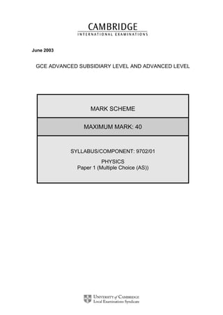 June 2003
GCE ADVANCED SUBSIDIARY LEVEL AND ADVANCED LEVEL
MARK SCHEME
MAXIMUM MARK: 40
SYLLABUS/COMPONENT: 9702/01
PHYSICS
Paper 1 (Multiple Choice (AS))
 