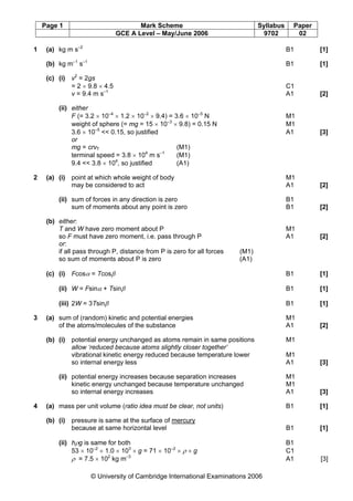 Page 1 Mark Scheme Syllabus Paper
GCE A Level – May/June 2006 9702 02
© University of Cambridge International Examinations 2006
1 (a) kg m s–2
B1 [1]
(b) kg m–1
s–1
B1 [1]
(c) (i) v2
= 2gs
= 2 × 9.8 × 4.5 C1
v = 9.4 m s–1
A1 [2]
(ii) either
F (= 3.2 × 10–4
× 1.2 × 10–2
× 9.4) = 3.6 × 10–5
N M1
weight of sphere (= mg = 15 × 10–3
× 9.8) = 0.15 N M1
3.6 × 10–5
<< 0.15, so justified A1 [3]
or
mg = crvT (M1)
terminal speed = 3.8 × 104
m s–1
(M1)
9.4 << 3.8 × 104
, so justified (A1)
2 (a) (i) point at which whole weight of body M1
may be considered to act A1 [2]
(ii) sum of forces in any direction is zero B1
sum of moments about any point is zero B1 [2]
(b) either:
T and W have zero moment about P M1
so F must have zero moment, i.e. pass through P A1 [2]
or:
if all pass through P, distance from P is zero for all forces (M1)
so sum of moments about P is zero (A1)
(c) (i) Fcosα = Tcosβ B1 [1]
(ii) W = Fsinα + Tsinβ B1 [1]
(iii) 2W = 3Tsinβ B1 [1]
3 (a) sum of (random) kinetic and potential energies M1
of the atoms/molecules of the substance A1 [2]
(b) (i) potential energy unchanged as atoms remain in same positions M1
allow ‘reduced because atoms slightly closer together’
vibrational kinetic energy reduced because temperature lower M1
so internal energy less A1 [3]
(ii) potential energy increases because separation increases M1
kinetic energy unchanged because temperature unchanged M1
so internal energy increases A1 [3]
4 (a) mass per unit volume (ratio idea must be clear, not units) B1 [1]
(b) (i) pressure is same at the surface of mercury
because at same horizontal level B1 [1]
(ii) hρg is same for both B1
53 × 10–2
× 1.0 × 103
× g = 71 × 10–2
× ρ × g C1
ρ = 7.5 × 102
kg m–3
A1 [3]
 