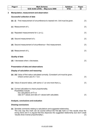Page 4 Mark Scheme Syllabus Paper
GCE A/AS LEVEL – May/June 2008 9702 32
© UCLES 2008
2 Manipulation, measurement and observation
Successful collection of data
(b) (i) First measurement of circumference to nearest mm. Unit must be given. [1]
(c) Measurement of t1. [1]
(c) Repeated measurements for t1 (or t2). [1]
(d) Second measurement of c. [1]
(d) Second measurement of circumference < first measurement. [1]
(d) Measurement of t2. [1]
Quality of data
(d) t decreases when c decreases. [1]
Presentation of data and observations
Display of calculation and reasoning
(b) (iii) Value of first radius calculated correctly. Consistent unit must be given.
Check correct use of c = 2πr. [1]
(d) Value of second radius, with same s.f. (or one more than) c2. [1]
(e) Correct calculation to check proportionality.
Possibilities include:
two calculations of t2
/r or
ratio of t2
values and ratio of r values both calculated. [1]
Analysis, conclusions and evaluation
Drawing conclusions
(e) Sensible comments relating to calculations and suggested relationship.
The only way this mark can be scored without the first (e) mark is if the results show the
wrong trend and it is argued that this disproves the suggested relationship (but don’t credit
‘results show inverse proportionality’). [1]
 