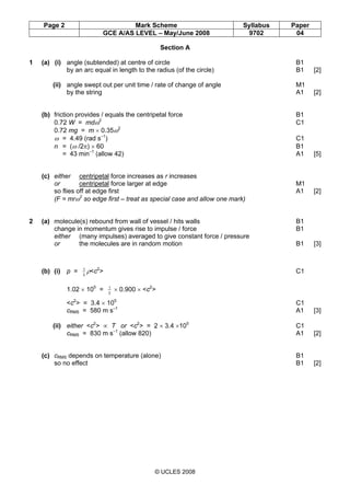 Page 2 Mark Scheme Syllabus Paper
GCE A/AS LEVEL – May/June 2008 9702 04
© UCLES 2008
Section A
1 (a) (i) angle (subtended) at centre of circle B1
by an arc equal in length to the radius (of the circle) B1 [2]
(ii) angle swept out per unit time / rate of change of angle M1
by the string A1 [2]
(b) friction provides / equals the centripetal force B1
0.72 W = mdω2
C1
0.72 mg = m × 0.35ω2
ω = 4.49 (rad s–1
) C1
n = (ω /2π) × 60 B1
= 43 min–1
(allow 42) A1 [5]
(c) either centripetal force increases as r increases
or centripetal force larger at edge M1
so flies off at edge first A1 [2]
(F = mrω2
so edge first – treat as special case and allow one mark)
2 (a) molecule(s) rebound from wall of vessel / hits walls B1
change in momentum gives rise to impulse / force B1
either (many impulses) averaged to give constant force / pressure
or the molecules are in random motion B1 [3]
(b) (i) p = 3
1
ρ<c2
> C1
1.02 × 105
= 3
1
× 0.900 × <c2
>
<c2
> = 3.4 × 105
C1
cRMS = 580 m s–1
A1 [3]
(ii) either <c2
> ∝ T or <c2
> = 2 × 3.4 ×105
C1
cRMS = 830 m s–1
(allow 820) A1 [2]
(c) cRMS depends on temperature (alone) B1
so no effect B1 [2]
 