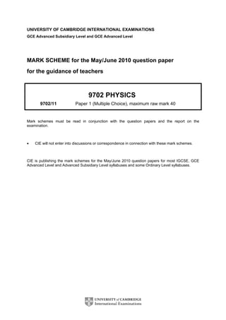 UNIVERSITY OF CAMBRIDGE INTERNATIONAL EXAMINATIONS
GCE Advanced Subsidiary Level and GCE Advanced Level
MARK SCHEME for the May/June 2010 question paper
for the guidance of teachers
9702 PHYSICS
9702/11 Paper 1 (Multiple Choice), maximum raw mark 40
Mark schemes must be read in conjunction with the question papers and the report on the
examination.
• CIE will not enter into discussions or correspondence in connection with these mark schemes.
CIE is publishing the mark schemes for the May/June 2010 question papers for most IGCSE, GCE
Advanced Level and Advanced Subsidiary Level syllabuses and some Ordinary Level syllabuses.
 