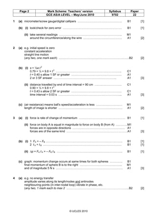 Page 2 Mark Scheme: Teachers’ version Syllabus Paper
GCE AS/A LEVEL – May/June 2010 9702 22
© UCLES 2010
1 (a) micrometer/...