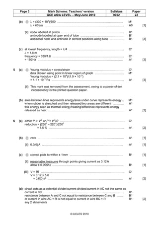Page 3 Mark Scheme: Teachers’ version Syllabus Paper
GCE AS/A LEVEL – May/June 2010 9702 22
© UCLES 2010
(b) (i) λ = (330 ...