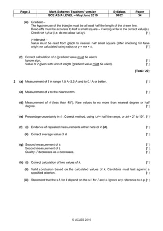 Page 3 Mark Scheme: Teachers’ version Syllabus Paper
GCE AS/A LEVEL – May/June 2010 9702 34
© UCLES 2010
(iii) Gradient –
...