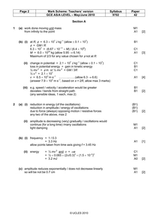 Page 2 Mark Scheme: Teachers’ version Syllabus Paper
GCE AS/A LEVEL – May/June 2010 9702 42
© UCLES 2010
Section A
1 (a) w...