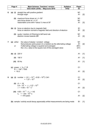 Page 4 Mark Scheme: Teachers’ version Syllabus Paper
GCE AS/A LEVEL – May/June 2010 9702 43
© UCLES 2010
6 (a) (i) straigh...
