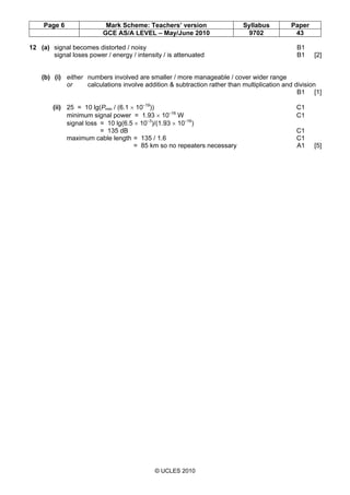 Page 6 Mark Scheme: Teachers’ version Syllabus Paper
GCE AS/A LEVEL – May/June 2010 9702 43
© UCLES 2010
12 (a) signal bec...