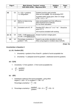 Page 4 Mark Scheme: Teachers’ version Syllabus Paper
GCE AS/A LEVEL – May/June 2010 9702 51
© UCLES 2010
(d) C2 C = 1/(2π ...