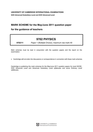 UNIVERSITY OF CAMBRIDGE INTERNATIONAL EXAMINATIONS
GCE Advanced Subsidiary Level and GCE Advanced Level
MARK SCHEME for the May/June 2011 question paper
for the guidance of teachers
9702 PHYSICS
9702/11 Paper 1 (Multiple Choice), maximum raw mark 40
Mark schemes must be read in conjunction with the question papers and the report on the
examination.
• Cambridge will not enter into discussions or correspondence in connection with these mark schemes.
Cambridge is publishing the mark schemes for the May/June 2011 question papers for most IGCSE,
GCE Advanced Level and Advanced Subsidiary Level syllabuses and some Ordinary Level
syllabuses.
 