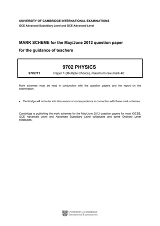 UNIVERSITY OF CAMBRIDGE INTERNATIONAL EXAMINATIONS
GCE Advanced Subsidiary Level and GCE Advanced Level
MARK SCHEME for the May/June 2012 question paper
for the guidance of teachers
9702 PHYSICS
9702/11 Paper 1 (Multiple Choice), maximum raw mark 40
Mark schemes must be read in conjunction with the question papers and the report on the
examination.
• Cambridge will not enter into discussions or correspondence in connection with these mark schemes.
Cambridge is publishing the mark schemes for the May/June 2012 question papers for most IGCSE,
GCE Advanced Level and Advanced Subsidiary Level syllabuses and some Ordinary Level
syllabuses.
 
