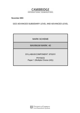 November 2003
GCE ADVANCED SUBSIDIARY LEVEL AND ADVANCED LEVEL
MARK SCHEME
MAXIMUM MARK: 40
SYLLABUS/COMPONENT: 9702/01
PHYSICS
Paper 1 (Multiple Choice (AS))
 