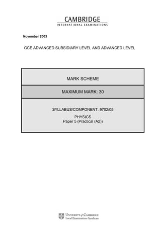 November 2003
GCE ADVANCED SUBSIDIARY LEVEL AND ADVANCED LEVEL
MARK SCHEME
MAXIMUM MARK: 30
SYLLABUS/COMPONENT: 9702/05
PHYSICS
Paper 5 (Practical (A2))
 