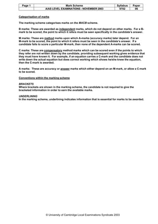 Page 1 Mark Scheme Syllabus Paper
A/AS LEVEL EXAMINATIONS - NOVEMBER 2003 9702 06
© University of Cambridge Local Examinations Syndicate 2003
Categorisation of marks
The marking scheme categorises marks on the MACB scheme.
B marks: These are awarded as independent marks, which do not depend on other marks. For a B-
mark to be scored, the point to which it refers must be seen specifically in the candidate’s answer.
M marks: These are method marks upon which A-marks (accuracy marks) later depend. For an
M-mark to be scored, the point to which it refers must be seen in the candidate’s answer. If a
candidate fails to score a particular M-mark, then none of the dependent A-marks can be scored.
C marks: These are compensatory method marks which can be scored even if the points to which
they refer are not written down by the candidate, providing subsequent working gives evidence that
they must have known it. For example, if an equation carries a C-mark and the candidate does not
write down the actual equation but does correct working which shows he/she knew the equation,
then the C-mark is awarded.
A marks: These are accuracy or answer marks which either depend on an M-mark, or allow a C-mark
to be scored.
Conventions within the marking scheme
BRACKETS
Where brackets are shown in the marking scheme, the candidate is not required to give the
bracketed information in order to earn the available marks.
UNDERLINING
In the marking scheme, underlining indicates information that is essential for marks to be awarded.
 
