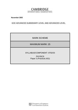 November 2003
GCE ADVANCED SUBSIDIARY LEVEL AND ADVANCED LEVEL
MARK SCHEME
MAXIMUM MARK: 25
SYLLABUS/COMPONENT: 9702/03
PHYSICS
Paper 3 (Practical (AS))
 