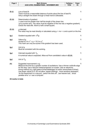 Page 2 Mark Scheme Syllabus Paper
A/AS LEVEL EXAMINATIONS – NOVEMBER 2003 9702 03
© University of Cambridge Local Examinations Syndicate 2003
(f) (i) Line of best fit 1
There must be a reasonable balance of points about the line of best fit.
Only a straight line drawn through a linear trend is allowable.
(f) (ii) Determination of gradient 1
∆ used must be greater than half the length of the drawn line.
∆x/∆y scores zero. The value must be negative (if the line has a negative gradient).
Check the read-offs. Work to half a small square.
(f) (ii) y-intercept 1
The value may be read directly or calculated using y = mx + c and a point on the line.
(g1) Gradient equated with -π2/g 1
(g2) Value of g 1
Accept 9.3 m s-2
< g < 10.3 m s-2
.
This mark can only be scored if the gradient has been used.
(g3) Unit of g 1
Must be consistent with the working.
(g4) Intercept equated with To 1
A numerical value is expected. Allow ecf from candidate’s value in (f) (ii).
(g5) Unit of To 1
(h) Suggested improvement; e.g. 1
Measure the time for a greater number of oscillations: Use a thinner rod/knife edge
for the stop: Use a fiducial marker/projection on screen: Use an electronic
timing method (e.g. light gates & timer/datalogger & motion sensor/laser & timer)
Use larger values of d. Do not allow ‘repeat readings’, ‘more sensitive stopwatch’,
‘do the experiment in a vacuum’, switch the fans off’, ‘use heavier bob’, ‘avoid
parallax error’ or ‘use a computer’.
25 marks in total.
 