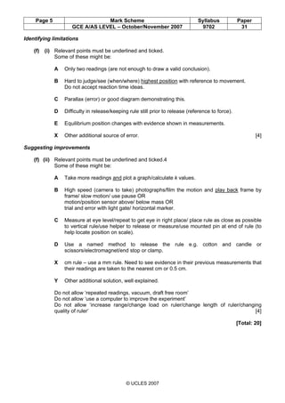 Page 5 Mark Scheme Syllabus Paper
GCE A/AS LEVEL – October/November 2007 9702 31
© UCLES 2007
Identifying limitations
(f) (i) Relevant points must be underlined and ticked.
Some of these might be:
A Only two readings (are not enough to draw a valid conclusion).
B Hard to judge/see (when/where) highest position with reference to movement.
Do not accept reaction time ideas.
C Parallax (error) or good diagram demonstrating this.
D Difficulty in release/keeping rule still prior to release (reference to force).
E Equilibrium position changes with evidence shown in measurements.
X Other additional source of error. [4]
Suggesting improvements
(f) (ii) Relevant points must be underlined and ticked.4
Some of these might be:
A Take more readings and plot a graph/calculate k values.
B High speed (camera to take) photographs/film the motion and play back frame by
frame/ slow motion/ use pause OR
motion/position sensor above/ below mass OR
trial and error with light gate/ horizontal marker.
C Measure at eye level/repeat to get eye in right place/ place rule as close as possible
to vertical rule/use helper to release or measure/use mounted pin at end of rule (to
help locate position on scale).
D Use a named method to release the rule e.g. cotton and candle or
scissors/electromagnet/end stop or clamp.
X cm rule – use a mm rule. Need to see evidence in their previous measurements that
their readings are taken to the nearest cm or 0.5 cm.
Y Other additional solution, well explained.
Do not allow ‘repeated readings, vacuum, draft free room’
Do not allow ‘use a computer to improve the experiment’
Do not allow ‘increase range/change load on ruler/change length of ruler/changing
quality of ruler’ [4]
[Total: 20]
 