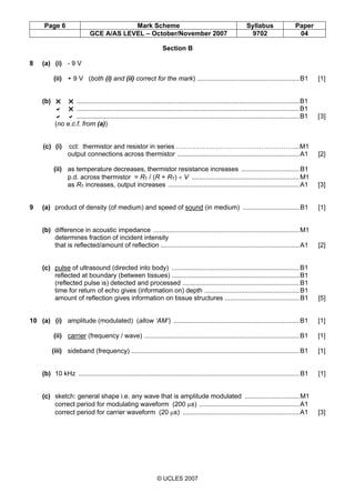 Page 6 Mark Scheme Syllabus Paper
GCE A/AS LEVEL – October/November 2007 9702 04
© UCLES 2007
Section B
8 (a) (i) - 9 V
(ii) + 9 V (both (i) and (ii) correct for the mark) ........................................................B1 [1]
(b) ..........................................................................................................................B1
..........................................................................................................................B1
..........................................................................................................................B1 [3]
(no e.c.f. from (a))
(c) (i) cct: thermistor and resistor in series ………………………………………………...M1
output connections across thermistor ...................................................................A1 [2]
(ii) as temperature decreases, thermistor resistance increases ................................B1
p.d. across thermistor = RT / (R + RT) × V ...........................................................M1
as RT increases, output increases ........................................................................A1 [3]
9 (a) product of density (of medium) and speed of sound (in medium) ...............................B1 [1]
(b) difference in acoustic impedance ................................................................................M1
determines fraction of incident intensity
that is reflected/amount of reflection ............................................................................A1 [2]
(c) pulse of ultrasound (directed into body) ......................................................................B1
reflected at boundary (between tissues) ......................................................................B1
(reflected pulse is) detected and processed ................................................................B1
time for return of echo gives (information on) depth ....................................................B1
amount of reflection gives information on tissue structures .........................................B1 [5]
10 (a) (i) amplitude (modulated) (allow ‘AM’) .....................................................................B1 [1]
(ii) carrier (frequency / wave) .....................................................................................B1 [1]
(iii) sideband (frequency) ............................................................................................B1 [1]
(b) 10 kHz .........................................................................................................................B1 [1]
(c) sketch: general shape i.e. any wave that is amplitude modulated ..............................M1
correct period for modulating waveform (200 µs) .......................................................A1
correct period for carrier waveform (20 µs) ................................................................A1 [3]
 