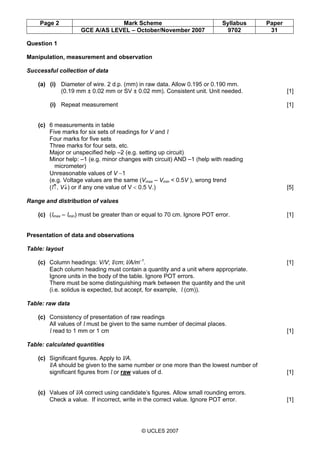 Page 2 Mark Scheme Syllabus Paper
GCE A/AS LEVEL – October/November 2007 9702 31
© UCLES 2007
Question 1
Manipulation, measurement and observation
Successful collection of data
(a) (i) Diameter of wire. 2 d.p. (mm) in raw data. Allow 0.195 or 0.190 mm.
(0.19 mm ± 0.02 mm or SV ± 0.02 mm). Consistent unit. Unit needed. [1]
(i) Repeat measurement [1]
(c) 6 measurements in table
Five marks for six sets of readings for V and l
Four marks for five sets
Three marks for four sets, etc.
Major or unspecified help –2 (e.g. setting up circuit)
Minor help: –1 (e.g. minor changes with circuit) AND –1 (help with reading
micrometer)
Unreasonable values of V −1
(e.g. Voltage values are the same (Vmax – Vmin < 0.5V ), wrong trend
(l↑, V↓) or if any one value of V < 0.5 V.) [5]
Range and distribution of values
(c) (lmax – lmin) must be greater than or equal to 70 cm. Ignore POT error. [1]
Presentation of data and observations
Table: layout
(c) Column headings: V/V; l/cm; l/A/m–1
. [1]
Each column heading must contain a quantity and a unit where appropriate.
Ignore units in the body of the table. Ignore POT errors.
There must be some distinguishing mark between the quantity and the unit
(i.e. solidus is expected, but accept, for example, l (cm)).
Table: raw data
(c) Consistency of presentation of raw readings
All values of l must be given to the same number of decimal places.
l read to 1 mm or 1 cm [1]
Table: calculated quantities
(c) Significant figures. Apply to l/A.
l/A should be given to the same number or one more than the lowest number of
significant figures from l or raw values of d. [1]
(c) Values of l/A correct using candidate’s figures. Allow small rounding errors.
Check a value. If incorrect, write in the correct value. Ignore POT error. [1]
 