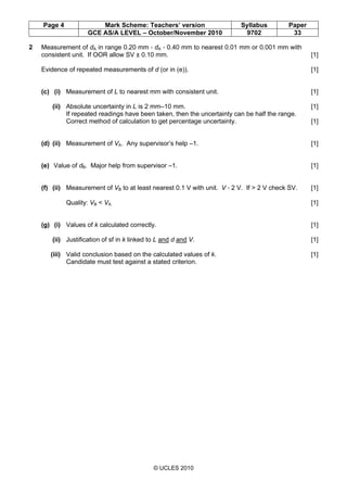 Page 4 Mark Scheme: Teachers’ version Syllabus Paper
GCE AS/A LEVEL – October/November 2010 9702 33
© UCLES 2010
2 Measurement of dA in range 0.20 mm < dA < 0.40 mm to nearest 0.01 mm or 0.001 mm with
consistent unit. If OOR allow SV ± 0.10 mm. [1]
Evidence of repeated measurements of d (or in (e)). [1]
(c) (i) Measurement of L to nearest mm with consistent unit. [1]
(ii) Absolute uncertainty in L is 2 mm–10 mm. [1]
If repeated readings have been taken, then the uncertainty can be half the range.
Correct method of calculation to get percentage uncertainty. [1]
(d) (ii) Measurement of VA. Any supervisor’s help –1. [1]
(e) Value of dB. Major help from supervisor –1. [1]
(f) (ii) Measurement of VB to at least nearest 0.1 V with unit. V < 2 V. If > 2 V check SV. [1]
Quality: VB < VA. [1]
(g) (i) Values of k calculated correctly. [1]
(ii) Justification of sf in k linked to L and d and V. [1]
(iii) Valid conclusion based on the calculated values of k. [1]
Candidate must test against a stated criterion.
 