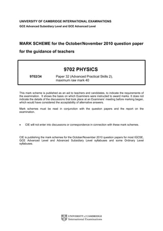 UNIVERSITY OF CAMBRIDGE INTERNATIONAL EXAMINATIONS
GCE Advanced Subsidiary Level and GCE Advanced Level
MARK SCHEME for the October/November 2010 question paper
for the guidance of teachers
9702 PHYSICS
9702/34 Paper 32 (Advanced Practical Skills 2),
maximum raw mark 40
This mark scheme is published as an aid to teachers and candidates, to indicate the requirements of
the examination. It shows the basis on which Examiners were instructed to award marks. It does not
indicate the details of the discussions that took place at an Examiners’ meeting before marking began,
which would have considered the acceptability of alternative answers.
Mark schemes must be read in conjunction with the question papers and the report on the
examination.
• CIE will not enter into discussions or correspondence in connection with these mark schemes.
CIE is publishing the mark schemes for the October/November 2010 question papers for most IGCSE,
GCE Advanced Level and Advanced Subsidiary Level syllabuses and some Ordinary Level
syllabuses.
 