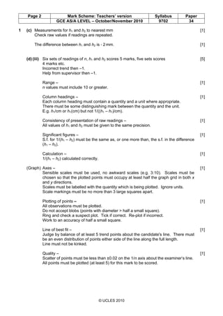 Page 2 Mark Scheme: Teachers’ version Syllabus Paper
GCE AS/A LEVEL – October/November 2010 9702 34
© UCLES 2010
1 (c) Measurements for h1 and h2 to nearest mm [1]
Check raw values if readings are repeated.
The difference between h1 and h2 is < 2 mm. [1]
(d) (iii) Six sets of readings of n, h1 and h2 scores 5 marks, five sets scores [5]
4 marks etc.
Incorrect trend then –1.
Help from supervisor then –1.
Range – [1]
n values must include 10 or greater.
Column headings – [1]
Each column heading must contain a quantity and a unit where appropriate.
There must be some distinguishing mark between the quantity and the unit.
E.g. h1/cm or h1(cm) but not 1/((h1 – h1)/cm).
Consistency of presentation of raw readings – [1]
All values of h1 and h2 must be given to the same precision.
Significant figures – [1]
S.f. for 1/(h1 – h2) must be the same as, or one more than, the s.f. in the difference
(h1 – h2).
Calculation – [1]
1/(h1 – h2) calculated correctly.
(Graph) Axes – [1]
Sensible scales must be used, no awkward scales (e.g. 3:10). Scales must be
chosen so that the plotted points must occupy at least half the graph grid in both x
and y directions.
Scales must be labelled with the quantity which is being plotted. Ignore units.
Scale markings must be no more than 3 large squares apart.
Plotting of points – [1]
All observations must be plotted.
Do not accept blobs (points with diameter > half a small square).
Ring and check a suspect plot. Tick if correct. Re-plot if incorrect.
Work to an accuracy of half a small square.
Line of best fit – [1]
Judge by balance of at least 5 trend points about the candidate's line. There must
be an even distribution of points either side of the line along the full length.
Line must not be kinked.
Quality – [1]
Scatter of points must be less than ±0.02 on the 1/n axis about the examiner’s line.
All points must be plotted (at least 5) for this mark to be scored.
 