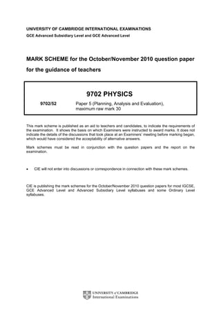 UNIVERSITY OF CAMBRIDGE INTERNATIONAL EXAMINATIONS
GCE Advanced Subsidiary Level and GCE Advanced Level
MARK SCHEME for the October/November 2010 question paper
for the guidance of teachers
9702 PHYSICS
9702/52 Paper 5 (Planning, Analysis and Evaluation),
maximum raw mark 30
This mark scheme is published as an aid to teachers and candidates, to indicate the requirements of
the examination. It shows the basis on which Examiners were instructed to award marks. It does not
indicate the details of the discussions that took place at an Examiners’ meeting before marking began,
which would have considered the acceptability of alternative answers.
Mark schemes must be read in conjunction with the question papers and the report on the
examination.
• CIE will not enter into discussions or correspondence in connection with these mark schemes.
CIE is publishing the mark schemes for the October/November 2010 question papers for most IGCSE,
GCE Advanced Level and Advanced Subsidiary Level syllabuses and some Ordinary Level
syllabuses.
 