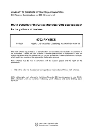 UNIVERSITY OF CAMBRIDGE INTERNATIONAL EXAMINATIONS
GCE Advanced Subsidiary Level and GCE Advanced Level
MARK SCHEME for the October/November 2010 question paper
for the guidance of teachers
9702 PHYSICS
9702/21 Paper 2 (AS Structured Questions), maximum raw mark 60
This mark scheme is published as an aid to teachers and candidates, to indicate the requirements of
the examination. It shows the basis on which Examiners were instructed to award marks. It does not
indicate the details of the discussions that took place at an Examiners’ meeting before marking began,
which would have considered the acceptability of alternative answers.
Mark schemes must be read in conjunction with the question papers and the report on the
examination.
• CIE will not enter into discussions or correspondence in connection with these mark schemes.
CIE is publishing the mark schemes for the October/November 2010 question papers for most IGCSE,
GCE Advanced Level and Advanced Subsidiary Level syllabuses and some Ordinary Level
syllabuses.
 